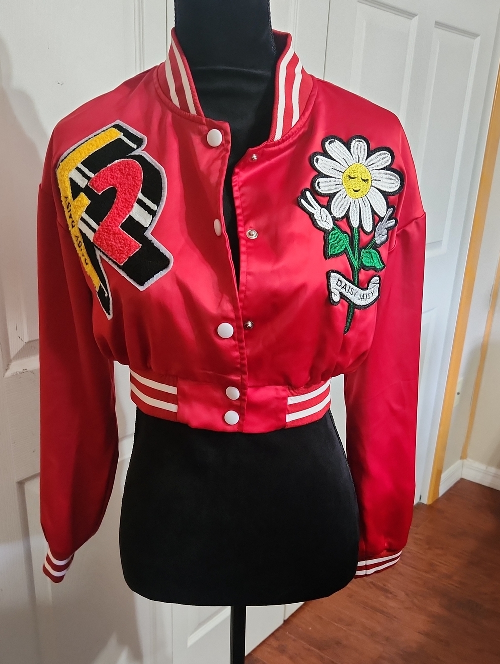 Daisy Red Satin Cropped Varsity Jacket with Daisy & Number Patches